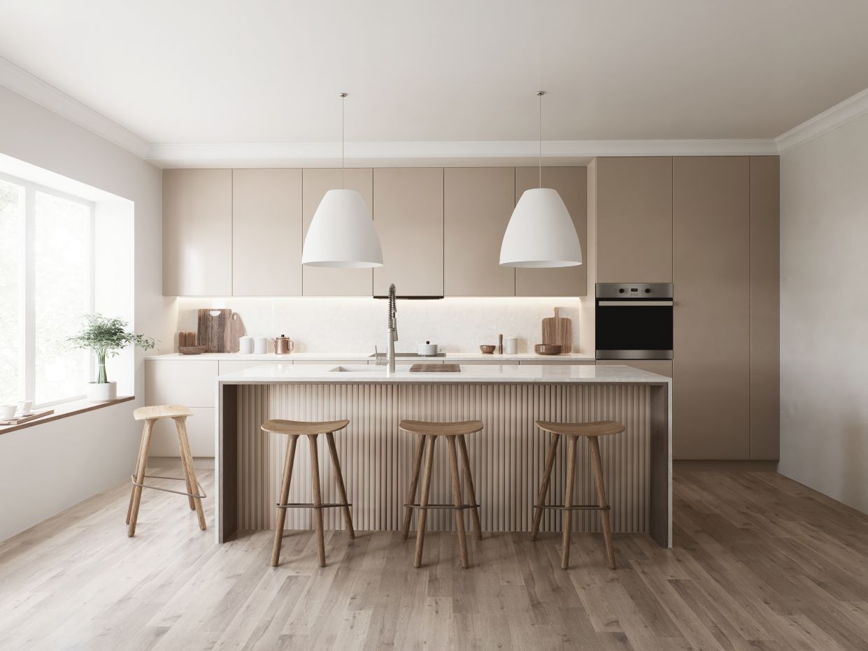 Îlot, armoires et portes de cuisine en VelourTouch Mocha Charmeuse VT16